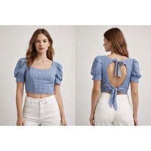 Free People Blue Eyelet Tie Back Crop Top Puff Sleeve Boho